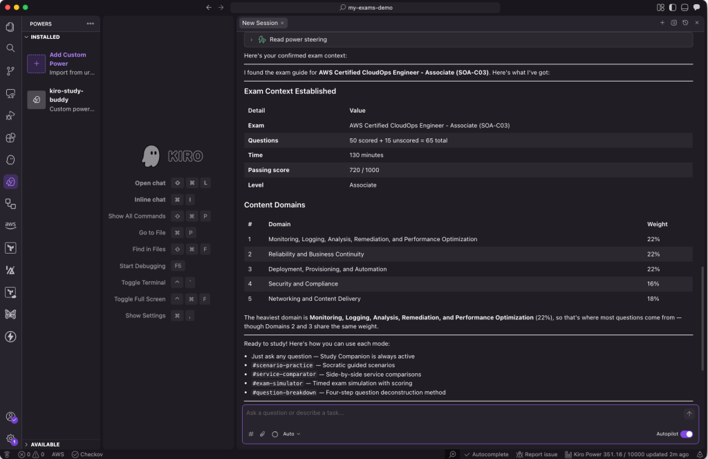 Kiro chat showing the Study Buddy presenting a numbered list of AWS certification exams grouped by level, then confirming the selected exam's domains, question count, time limit, and passing score