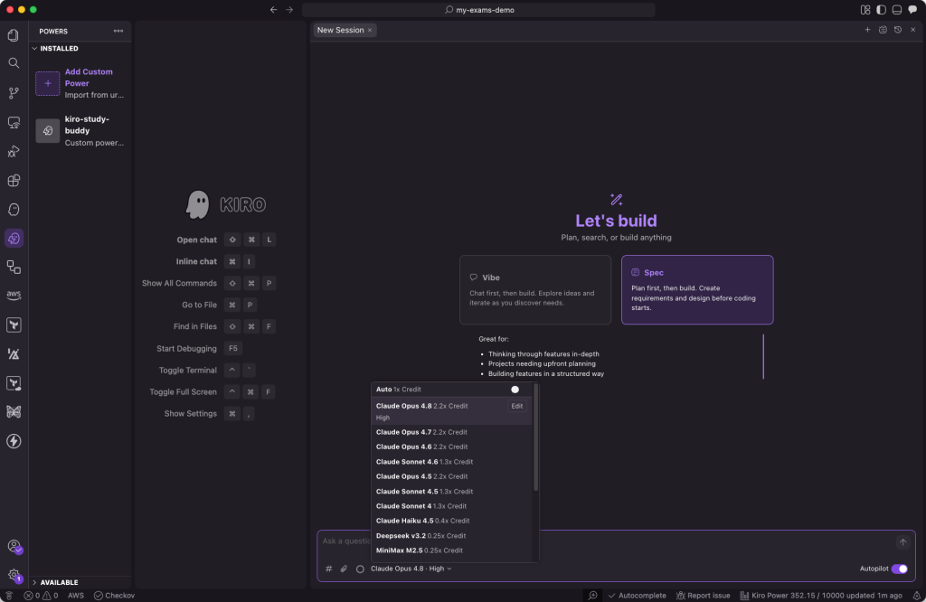 Kiro chat input area showing the model selector dropdown open with Claude Opus and Claude Sonnet as selectable options