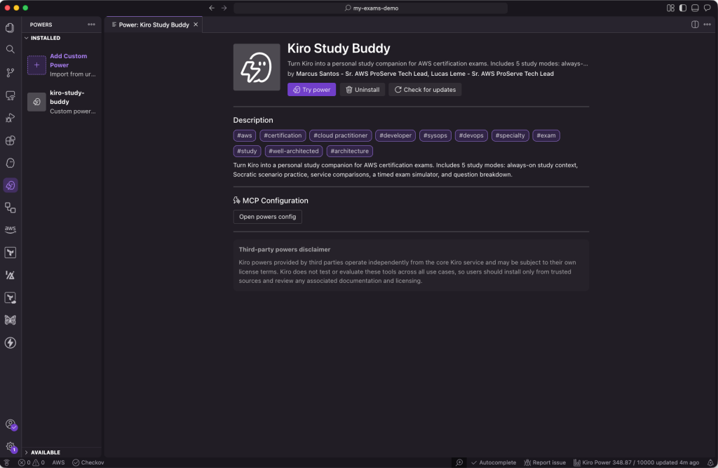 Kiro Powers panel showing the Kiro Study Buddy power installed with its description, MCP server status indicator, and five study modes listed