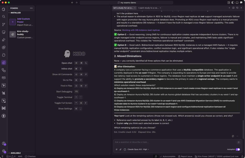 Kiro chat showing a question breakdown session with the annotated question display — main keywords in bold, objective in italic, eliminated options in strikethrough, and the Study Buddy's comparison of the student's analysis versus its own