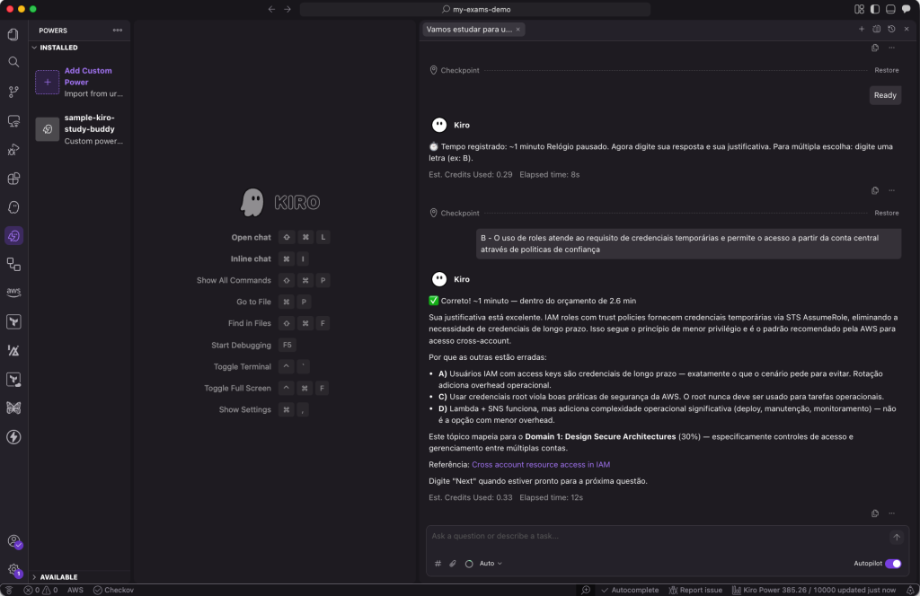 Chat do Kiro mostrando o feedback do simulador de exame após o estudante submeter uma resposta.