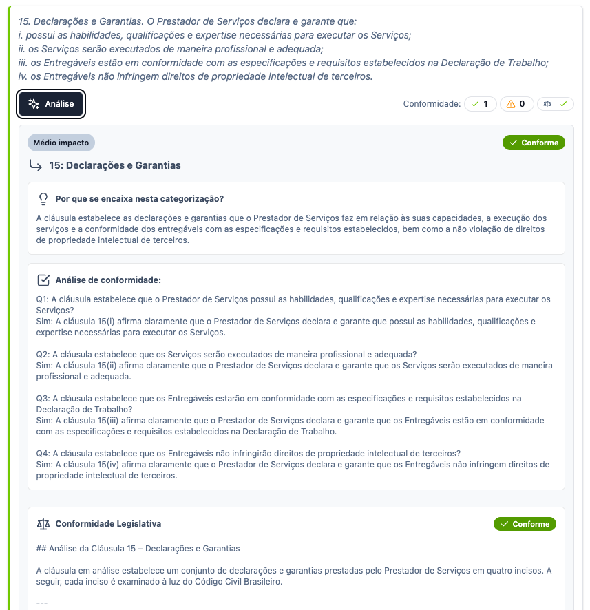 Tela de análise de uma cláusula, exibindo o texto da cláusula, o tipo classificado, o status de conformidade e a lista de perguntas de avaliação com respostas Sim, Não ou Não tenho certeza