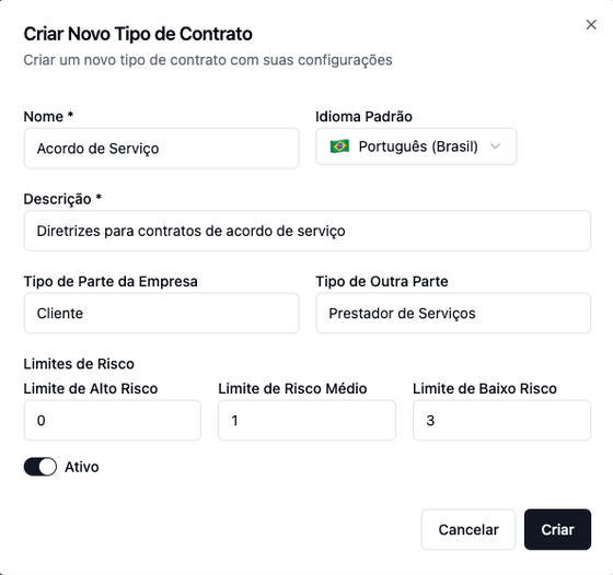 Formulário Criar Novo Tipo de Contrato, com campos para nome, idioma padrão, descrição, tipo de parte da empresa e da outra parte, e os limites de tolerância de alto, médio e baixo risco