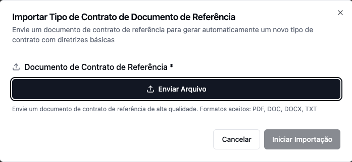 Modal Importar Tipo de Contrato de Documento de Referência, com o botão Iniciar Importação