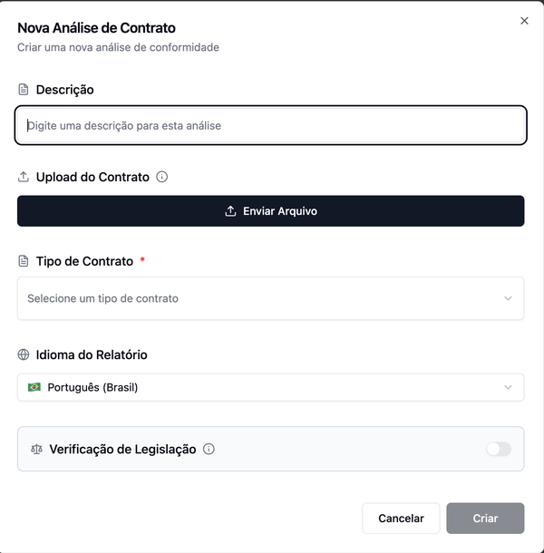 Modal Nova Análise de Contrato, com campos para descrição, upload do contrato, tipo de contrato, idioma do relatório (Português Brasil) e um seletor de Verificação de Legislação