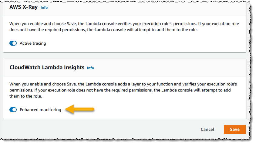 Screenshot showing enabling of <span title="">Lambda Insights</span>