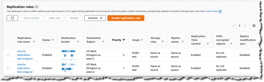 Screenshot of replication rules listing