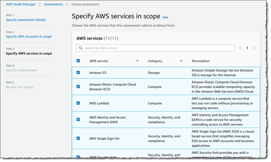 Screenshot of service selection for assessment