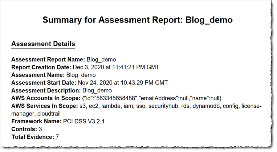 Screenshot of assessment report