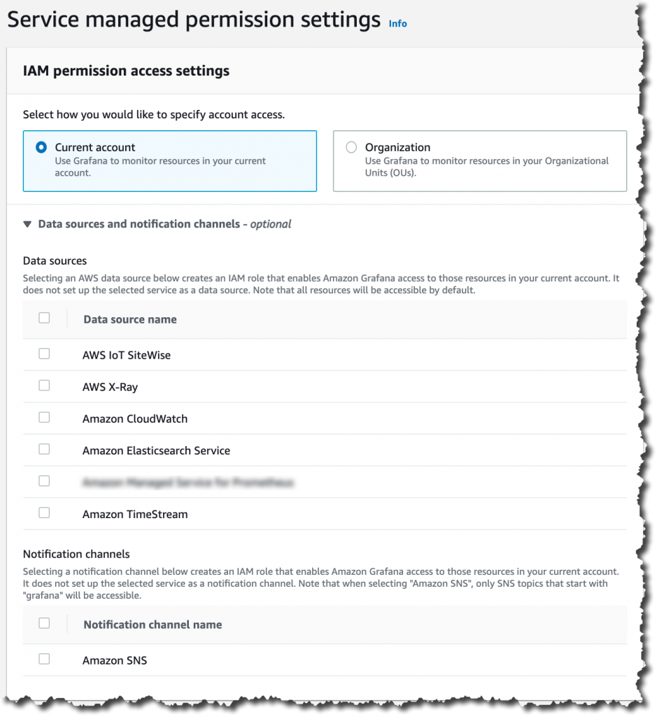 Screenshot for creating and configuring a managed Grafana workspace