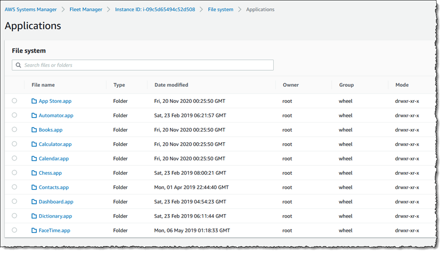 Screenshot of macOS file system view in <span title="">Fleet Manager</span>