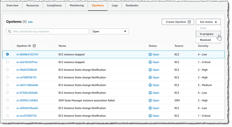 Screenshot of <span title="">Application Manager</span> OpsItems tab