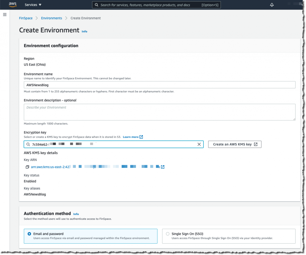 FinSpace 環境の作成における詳細