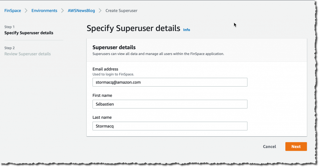 Finspace create super user 2