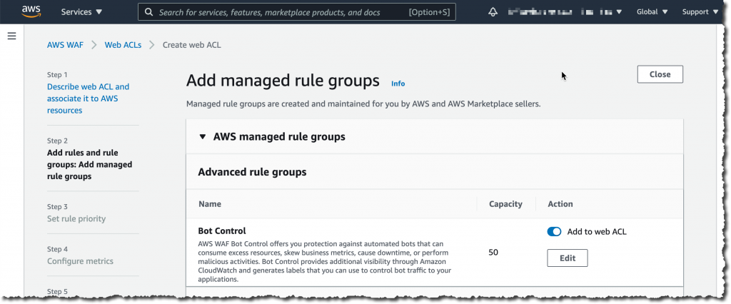 ウェブ ACL での Bot Control の追加