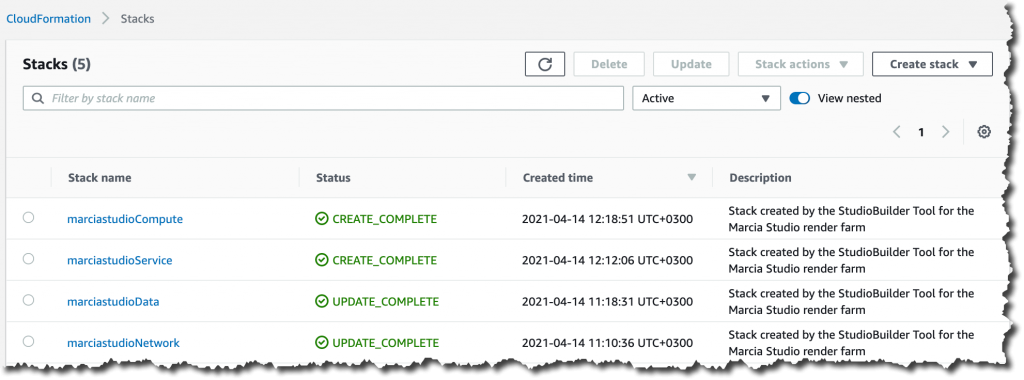 在 CloudFormation 中完成的堆栈的屏幕截图