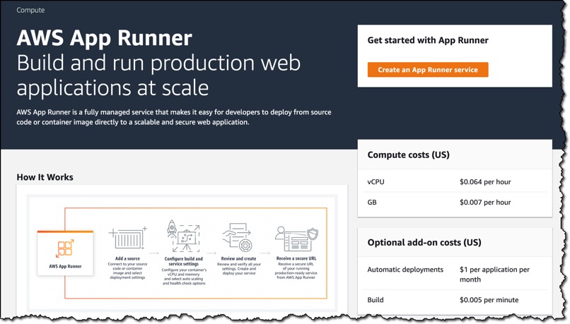 App Runner コンソールのスクリーンショット