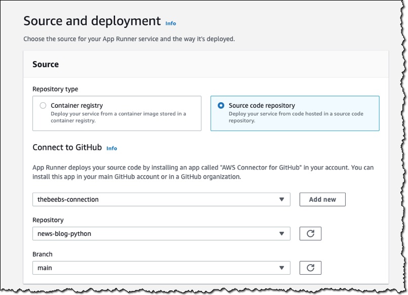 Screenshot of source and deployment section of the console