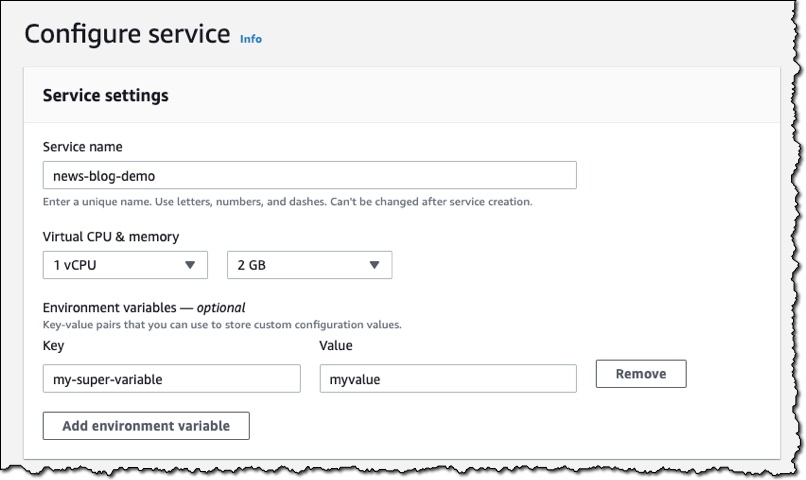 コンソールの Configure service セクションのスクリーンショット