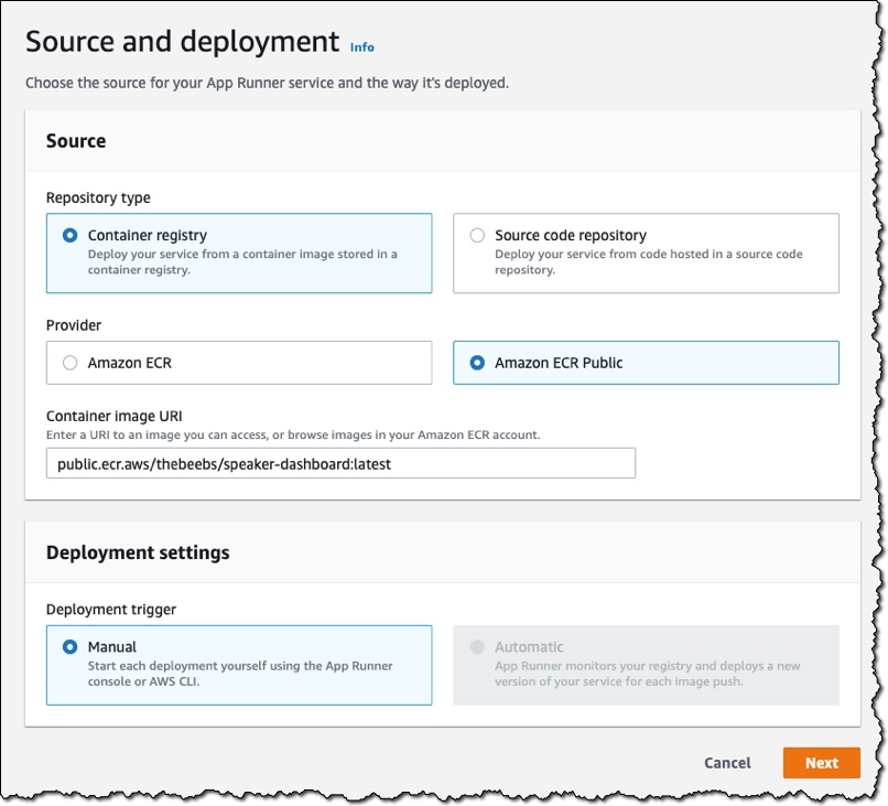 コンソールの Source and Deployment セクションのスクリーンショット