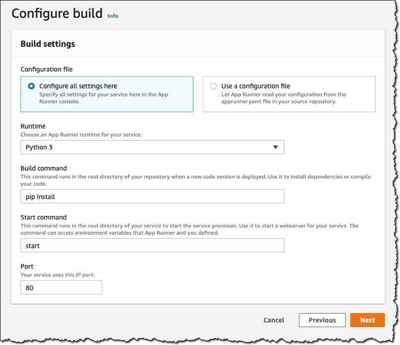 コンソールの Configure build セクションのスクリーンショット