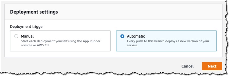 Screenshot of the deployment settings section of the console