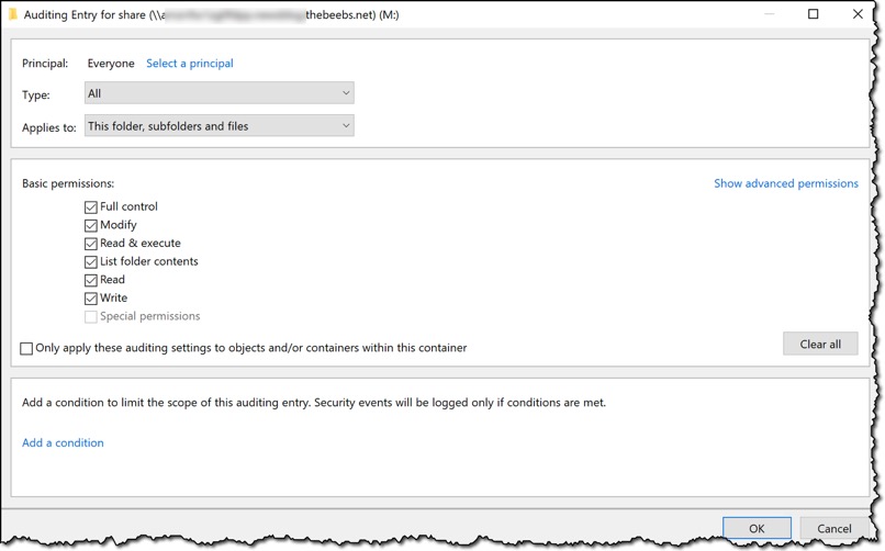 Screenshot of auditing options on a file share