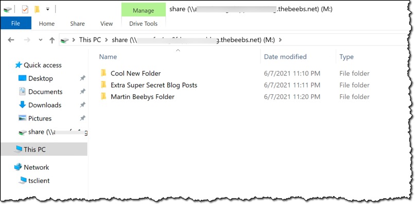 Screenshot of a file share, where some files and folders have been created