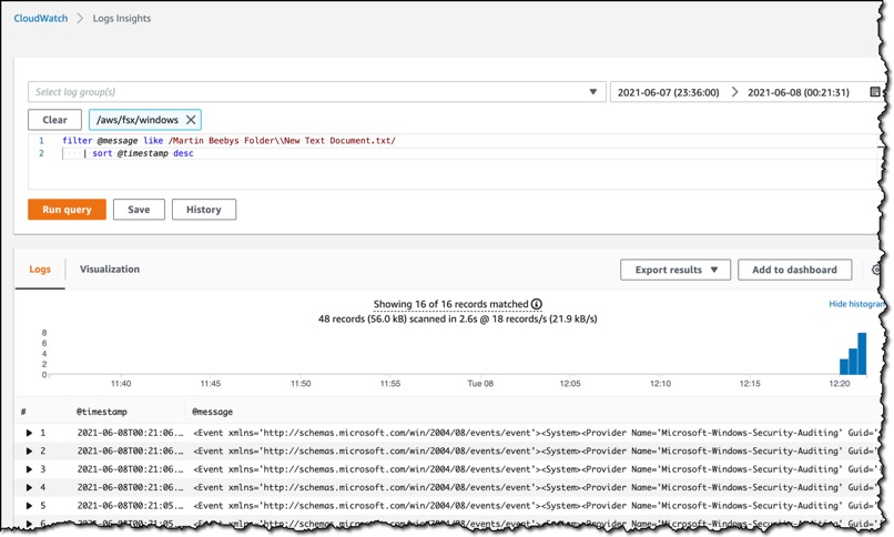 AWS CloudWatch Logs Insights 스크린샷