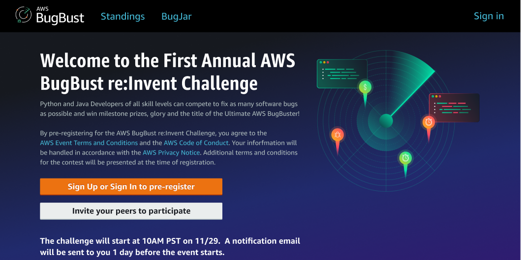 A screenshot of the AWS BugBust re:Invent challenge registration page