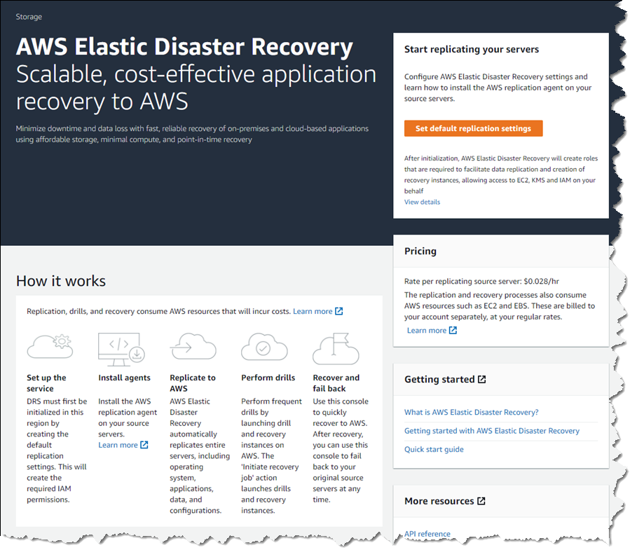 AWS Elastic Disaster Recovery console home