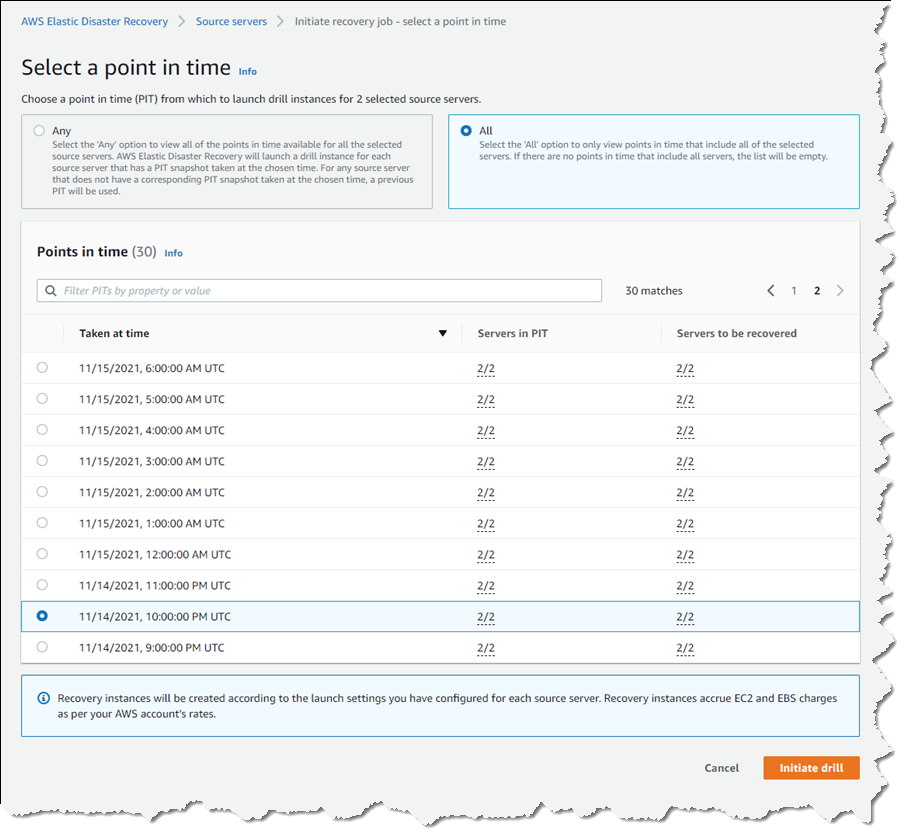 Selecting a recovery point-in-time for multiple servers