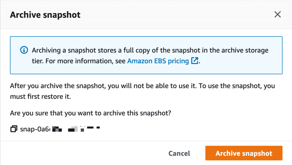 EBS Snapshot Archive - create snapshot - confirmation