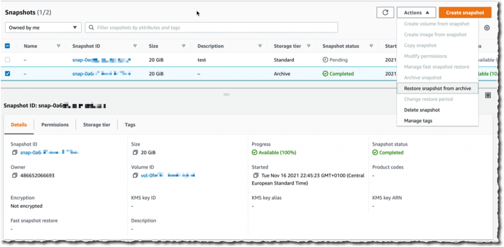 EBS Snapshot Archive - create snapshot - restore archive