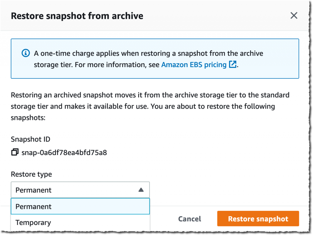 EBS Snapshot Archive - create snapshot - restore archive - confirmation