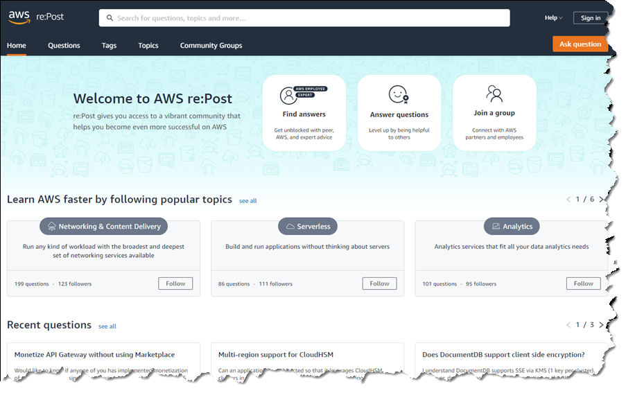 AWS re:Post home page