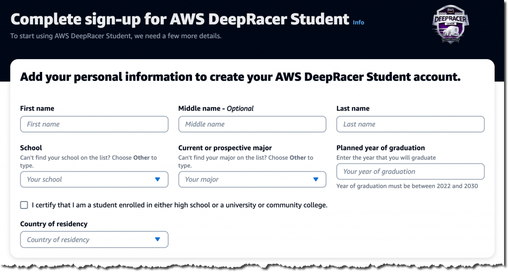 個人情報を用いて AWS DeepRacer Student のサインアップを完了する