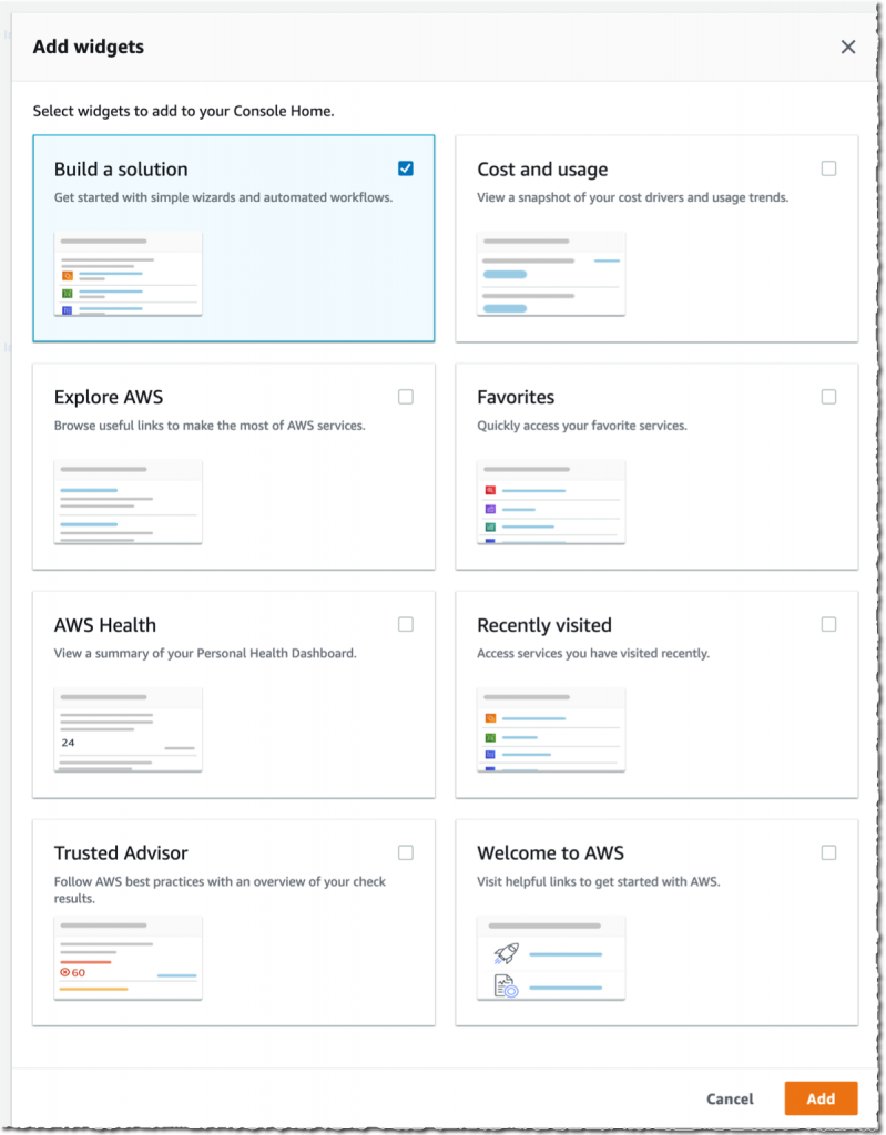 AWS News Console List of widgets