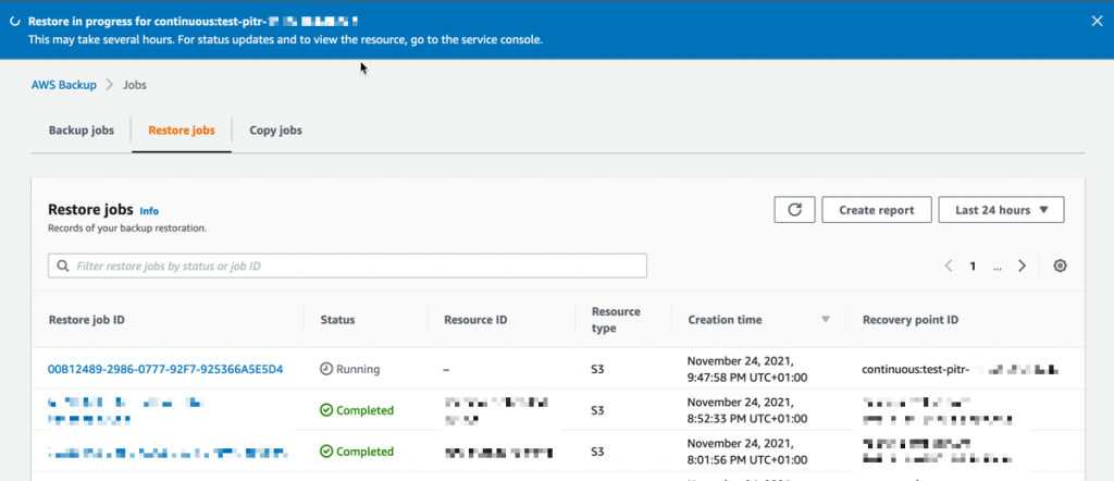 AWS Backup S3 - 恢复任务