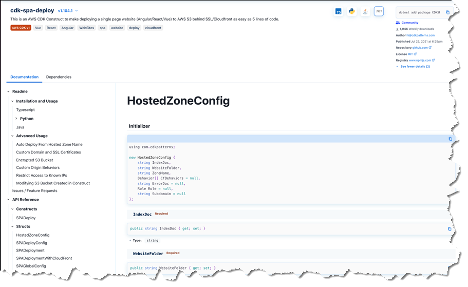 Generated sample code and documentation for a .NET construct library