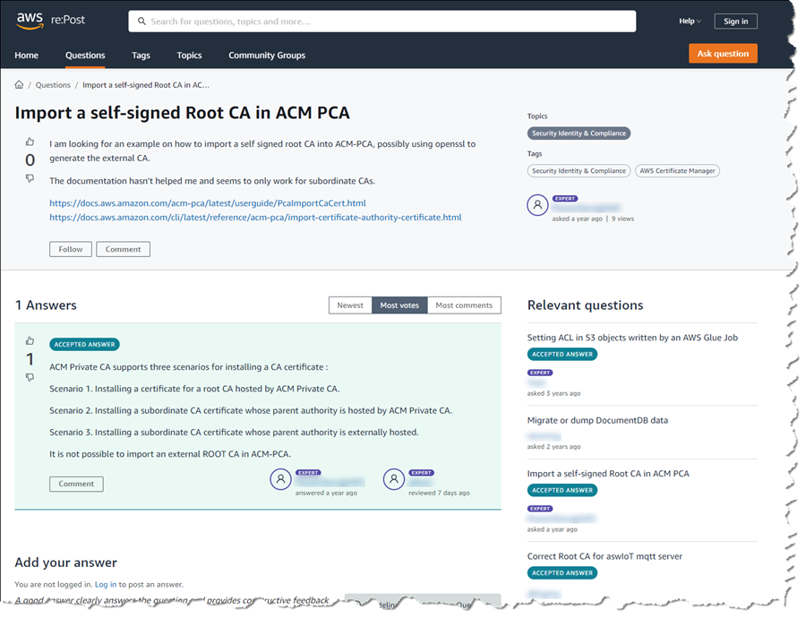 Example of a question and answer in AWS re:Post