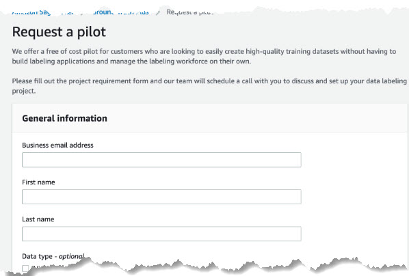 Intake form for Amazon SageMaker Ground Truth Plus shows required fields to Request a Pilot. 