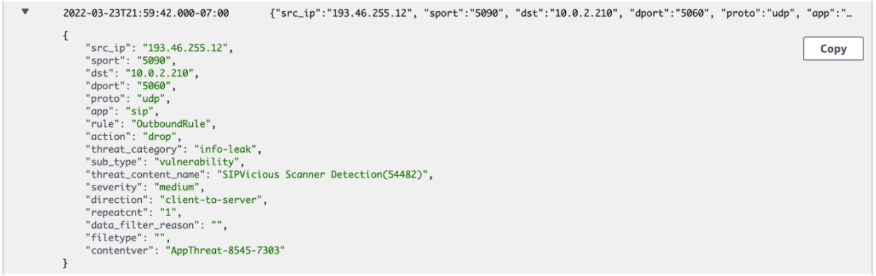 Screenshot showing the threat log detecting SIPVicious activity