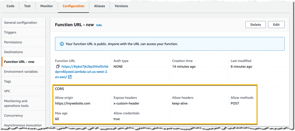 AWS Lambda URLs - CORS