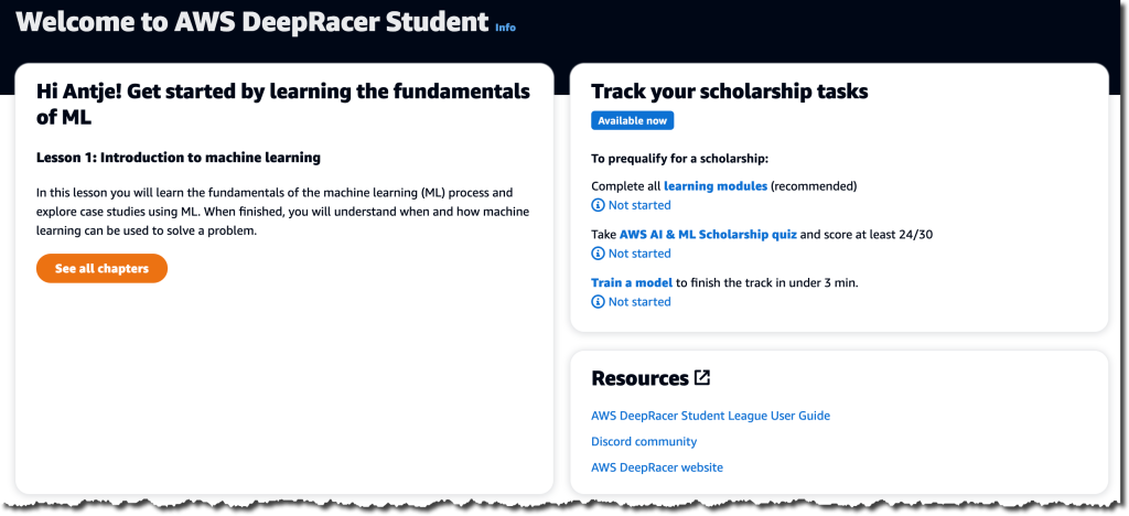 Solicite el Programa de becas de IA y ML de AWS a través de AWS DeepRacer Student