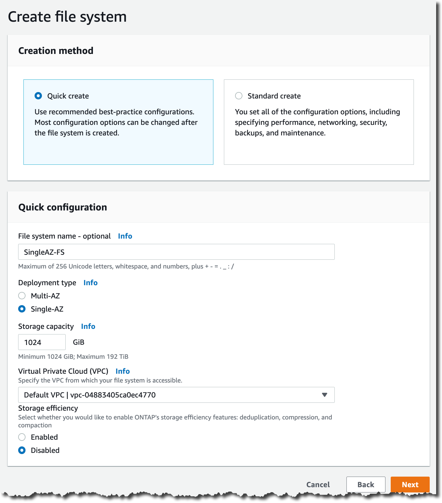 Amazon FSx for NetApp ONTAP - Single AZ Deployment