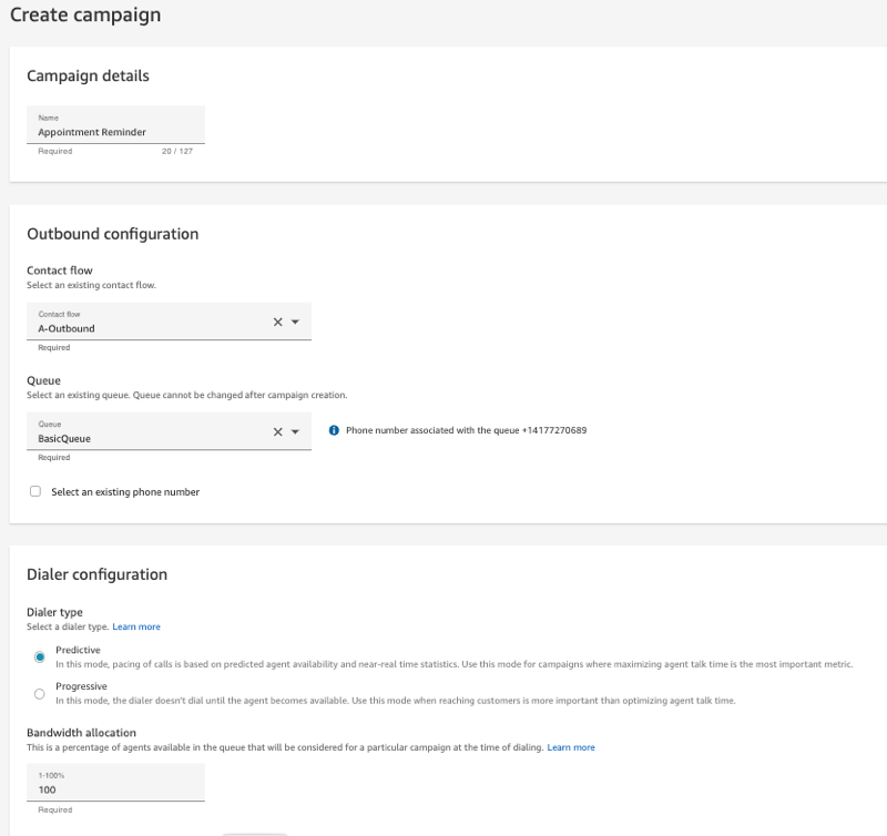 Amazon Connect outbound campaigns - create campaign