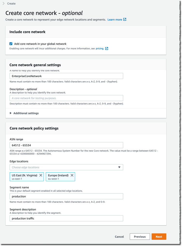 Cloud WAN create core network