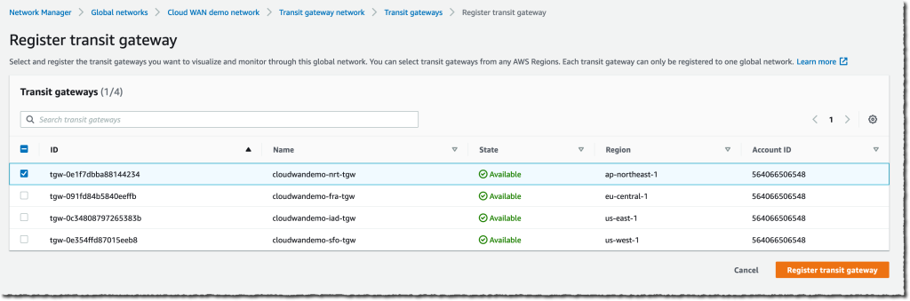 Cloud WAN - register transit gateways