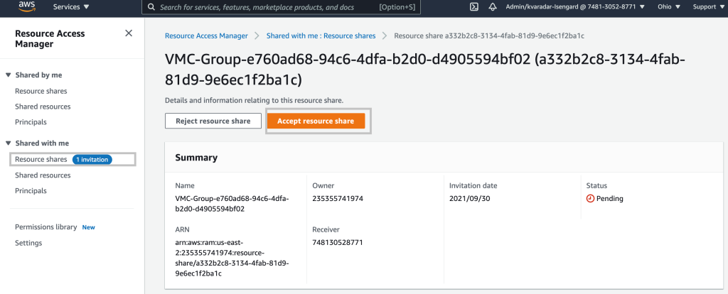 리소스 공유 수락 버튼에 액세스할 수 있는 리소스 액세스 관리자 서비스 페이지 - AWS Console